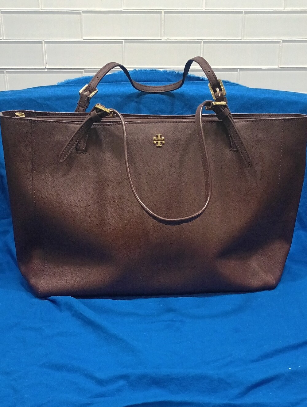 Tory Burch Chocolate Brown Leather Tote with Gold Logo